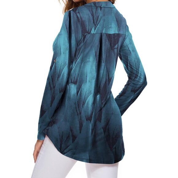 Women's V Neck Zip Cuffed Sleeve Flowy Work Tunic Tops Shirts Blouse Z Blue - Picture 3 of 3